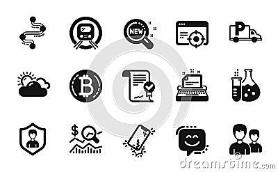 Vector set of Seo targeting, Typewriter and Sunny weather icons simple set. Vector Vector Illustration