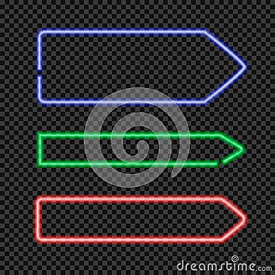 Vector Set of Shining Neon Arrow Shaped Frames, Blank Borders on Transparent Background. Vector Illustration