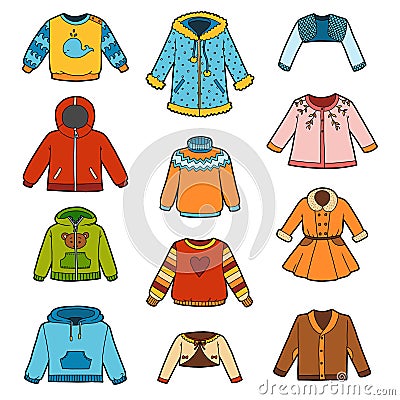 Vector set of shirts, color collection of sweaters, jumpers and coats Vector Illustration