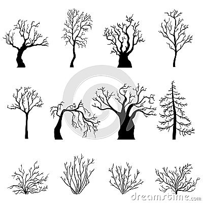 Vector Set of Silhouettes of Bare Trees and Bushes Vector Illustration