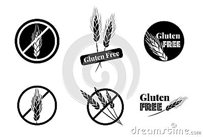 Vector Set Of Six Gluten Free Symbols With Banned Wheat Heads Icon Designs. Vector Illustration