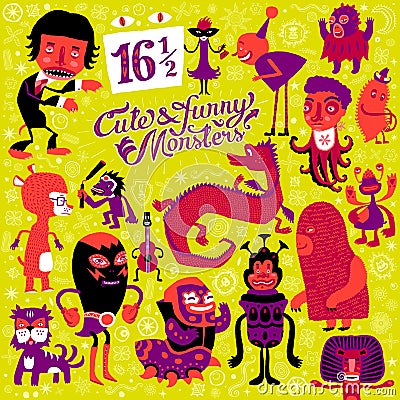 Vector set of sixteen and a half cute and funny monsters Vector Illustration