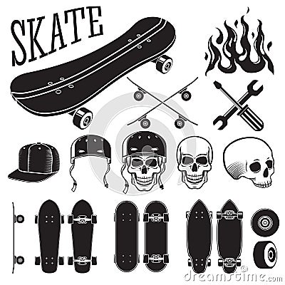 Vector set of skateboarding designer elements. Skates and flames, skull, helmet, cap. Stock Photo