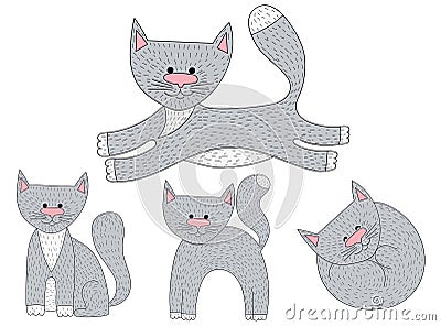 Vector set of sketch cat characters in different poses. Vector Illustration