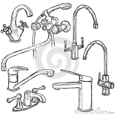 Vector Set of Sketch Faucets. Stock Photo