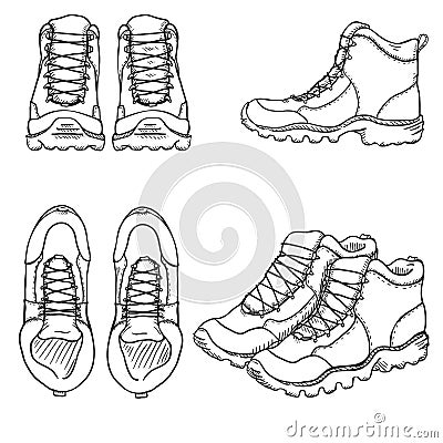 Vector Set of SKetch Hiking Boots. Side, Front and Top View Vector Illustration