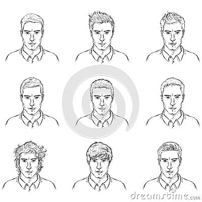 Vector Set of Sketch Male Faces Vector Illustration