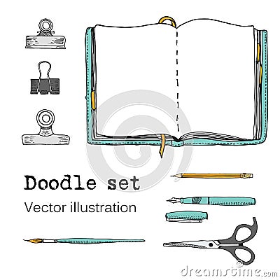 Vector Set of Sketch Notebooks, Notepads and Diaries. Office stuff. Doodle stationery, pen, pencil, scissors. Color hand drawn ill Vector Illustration