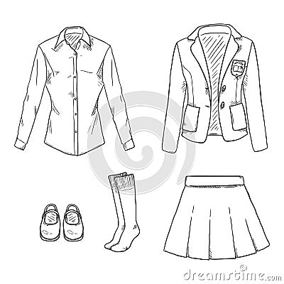 Vector Set of Sketch School Girl Uniform Items Vector Illustration