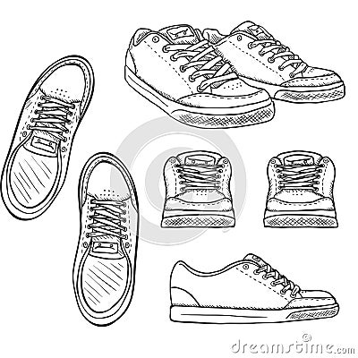 Vector Set of Sketch Skaters Shoes. Top, Side and Front Views Vector Illustration