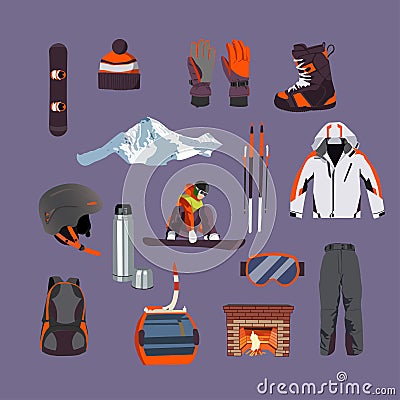 Vector set of Ski and Snowboard equipment icons Vector Illustration