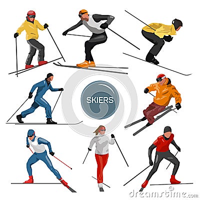 Vector set of skiers. People skiing design elements isolated on white background. Winter sport silhouettes in different Vector Illustration