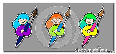 Vector set of smiling girls with a big brush, artist, designer, freelancer. Multi-colored hair. Image for avatar, badge, sticker, Vector Illustration