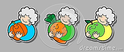 Vector set of smiling old gardeners. Gray-haired curly grandmother gardener hugs a huge apple, carrot, pumpkin. Old woman, elderly Vector Illustration