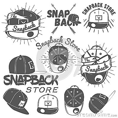 Vector set of snapback store labels in vintage style. Flat cap hats concept illustration Vector Illustration