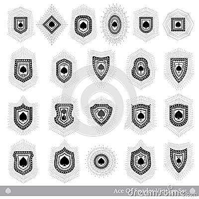 Vector set with spades into different forms shields with rays on white for card Vector Illustration