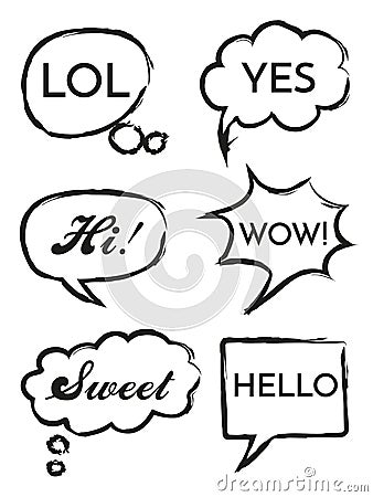 Vector set of speech bubbles in comic style. Hand drawn set of dialog windows with phrases Hi, Hello, Yes, Wow, Sweet Vector Illustration