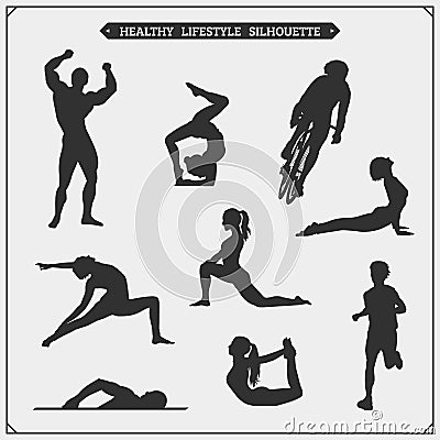 Vector set of sport players silhouettes. Healthy sport. Vector Illustration