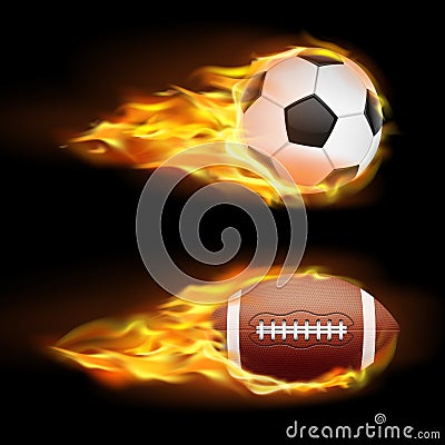 Vector set of sports burning balls, balls for soccer and American football on fire in a realistic style Vector Illustration