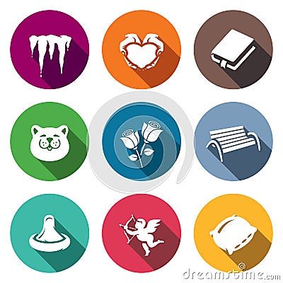 Vector Set of Spring Dating Icons. Melting, Romance, Poetry, March, Bouquet, Walking, Love, Emotion, Bed. Vector Illustration