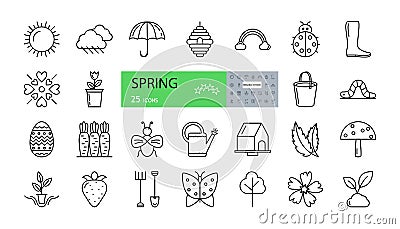 Vector set of 25 spring icons with editable stroke Vector Illustration