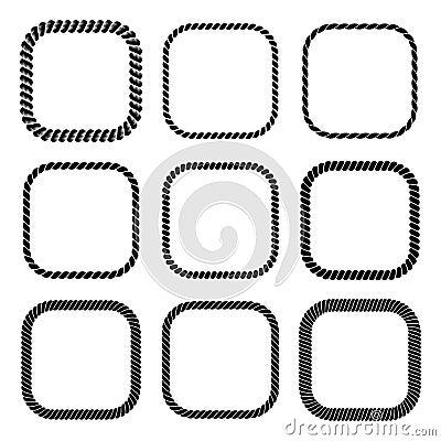 Vector set of square black monochrome rope frame. Vector Illustration