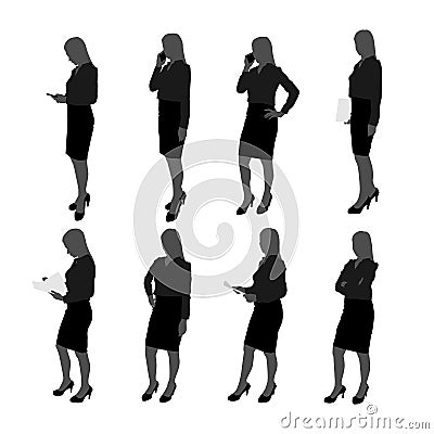 Vector set of stand businesswoman silhouette. businesswoman with different action such as using mobile phone , posing , working Vector Illustration