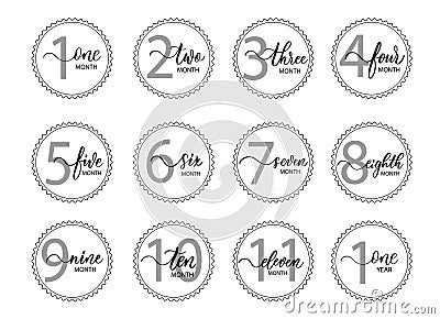 Vector set of stickers for children from birth to one year with smooth line calligraphy. It can be used for photo shoots stickers Vector Illustration
