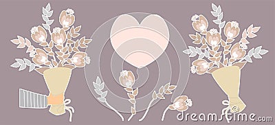 Vector set of stickers. Hand holds a bunch of flowers, bouquet, buds, flowers, branches and leaves, heart. Vector illustration For Vector Illustration