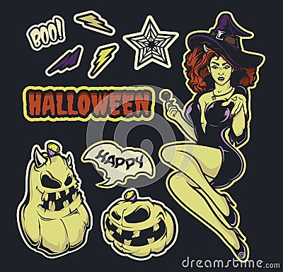 Vector set of stickers with a witch Vector Illustration