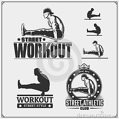 Set of Street Workout and fitness emblems and labels. Athletes illustrations and silhouettes. Vector Illustration