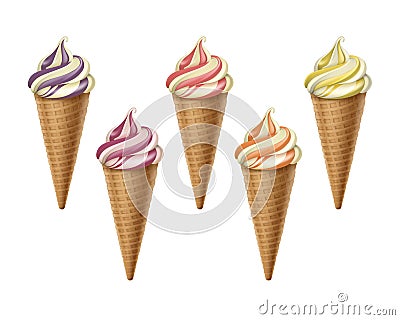 Vector set of Striped Colorful Brown Orange Yellow Purple Soft Serve Ice Cream Waffle Cone in Pink White Carton Vector Illustration