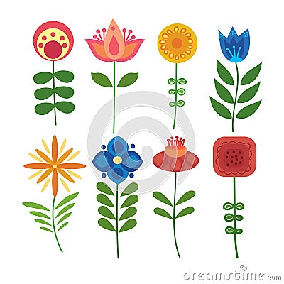 Vector set of stylized flowers. Collection of ornamental plants. Illustration for children. Art. Vector Illustration