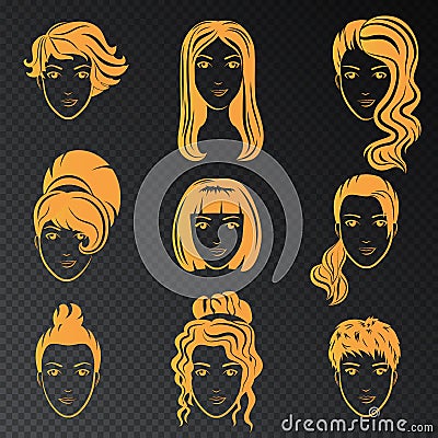 Vector set of stylized gold logo with beautiful women hairstyles. Golden fashion stylish collection of fashionable Vector Illustration