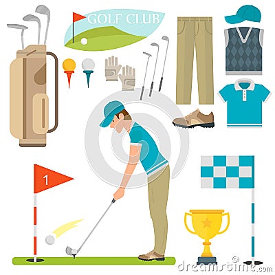 Vector set of stylized golf icons hobby equipment collection cart golfer player sport symbols Vector Illustration