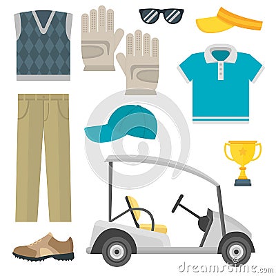 Vector set of stylized golf icons hobby equipment collection cart golfer player sport symbols Vector Illustration