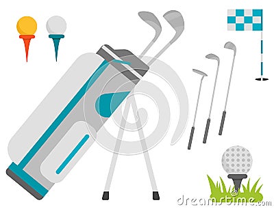 Vector set of stylized golf icons hobby equipment collection cart golfer player sport symbols Vector Illustration