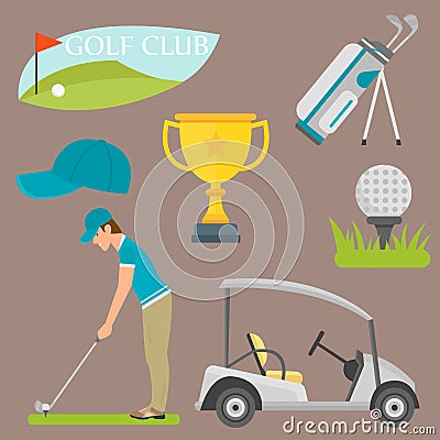 Vector set of stylized golf icons hobby equipment collection cart golfer player sport symbols Vector Illustration