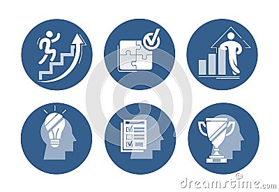 Vector set of success icons. Increasing graph with confident figure, running up career ladder, assembled puzzle with done tick, he Vector Illustration