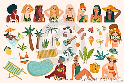 Vector set of summer illustrations. Cute women, tropical beach, holliday, vacation, travel. Design elements Vector Illustration