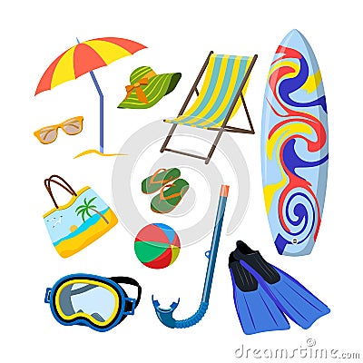 Vector set of summer objects isolated on white background. Beach vacation concept. Vector Illustration