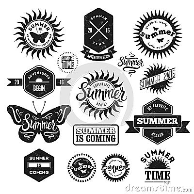 Vector Set of Summer typographic retro labels and vintage badges. Grunge effect in separate layer. Vector Illustration