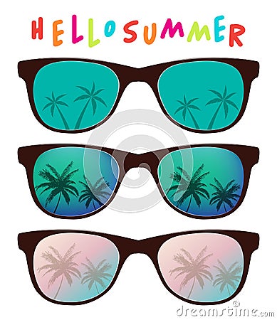 Vector set of sunglasses with palm tree reflection Vector Illustration