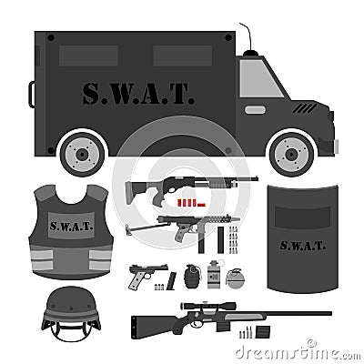 Vector set of swat, police gear. Swat bus, shield, helmet, shotg Stock Photo