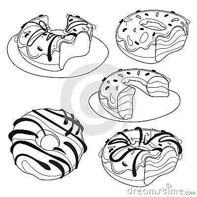 Vector set of sweet donuts. Collection of stylized baking. Black and white drawing. Linear Art. Cakes. Vector Illustration