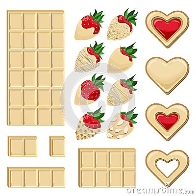 Vector set of sweets. White chocolate bar with separate pieces, strawberries covered with chocolate and cookies Vector Illustration