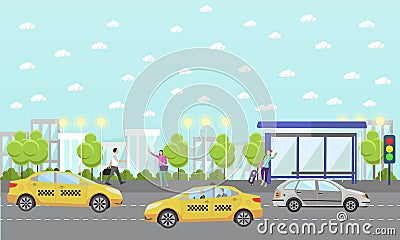 Vector set of taxi service company concept banners. People catch cab on a street. Vector Illustration