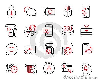 Vector Set of Technology icons related to Seo adblock, Contactless payment and Scroll down. Vector Vector Illustration