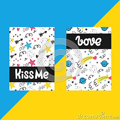 Vector set of templates for postcards. Valentine`s day. Doodle style. Space, stars, hearts, comet Stock Photo