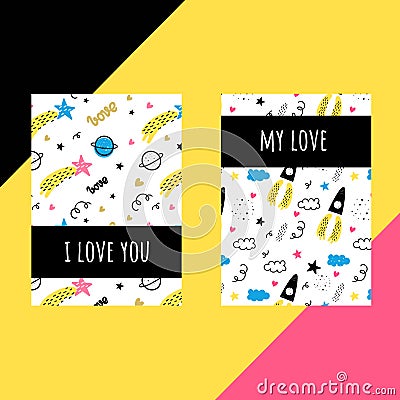 Vector set of templates for postcards. Valentine`s day. Doodle style. Space, stars, hearts, rocket, comet Stock Photo